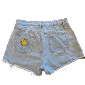 Denim Cutoff Womens Shorts Embroidered Sun Distressed Fringe Boho Hippie L